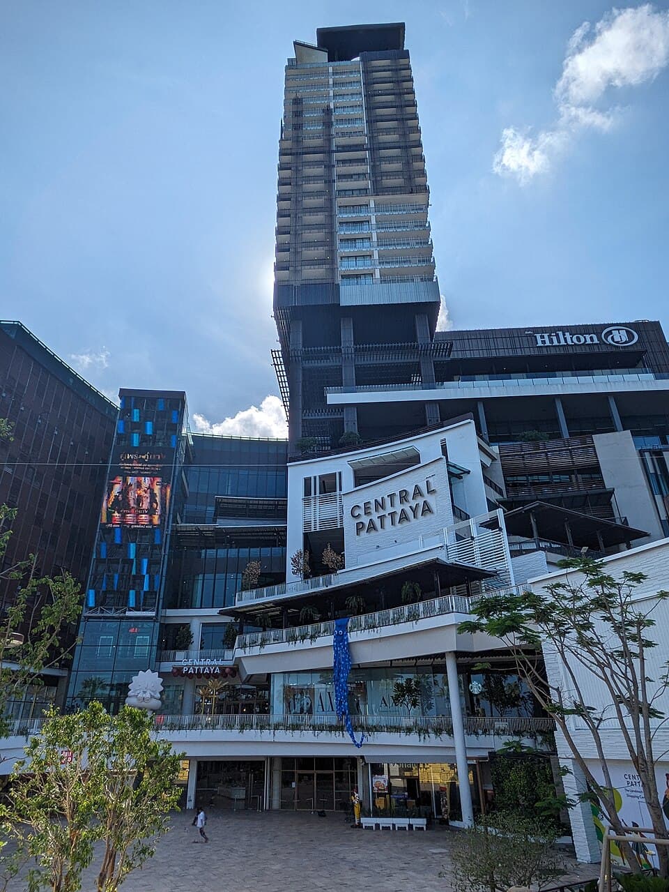 Central Pattaya shopping-centre frontage and the tower above it, photographed in February 2024
